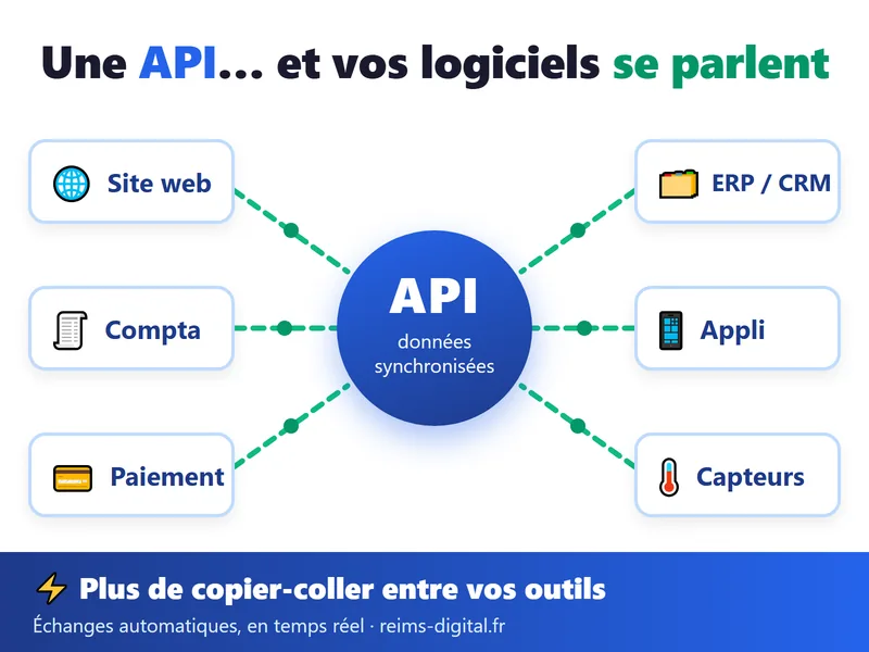 Intégration API : site web, comptabilité, paiement, ERP / CRM, application et capteurs reliés à une API qui synchronise les données