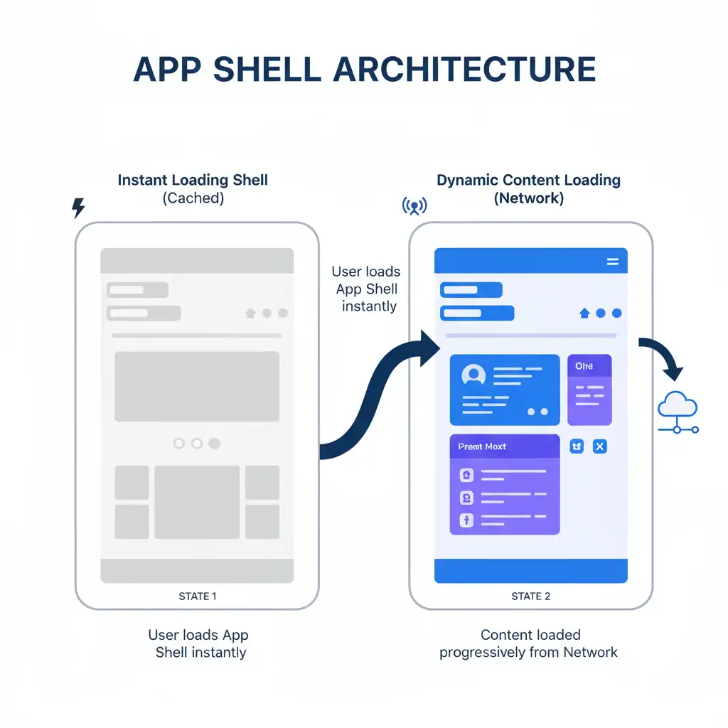 Architecture App Shell Progressive Web App avec chargement instantané et contenu dynamique par Reims Digital