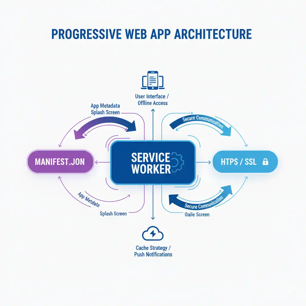 Architecture technique d'une Progressive Web App avec service workers et manifest par Reims Digital