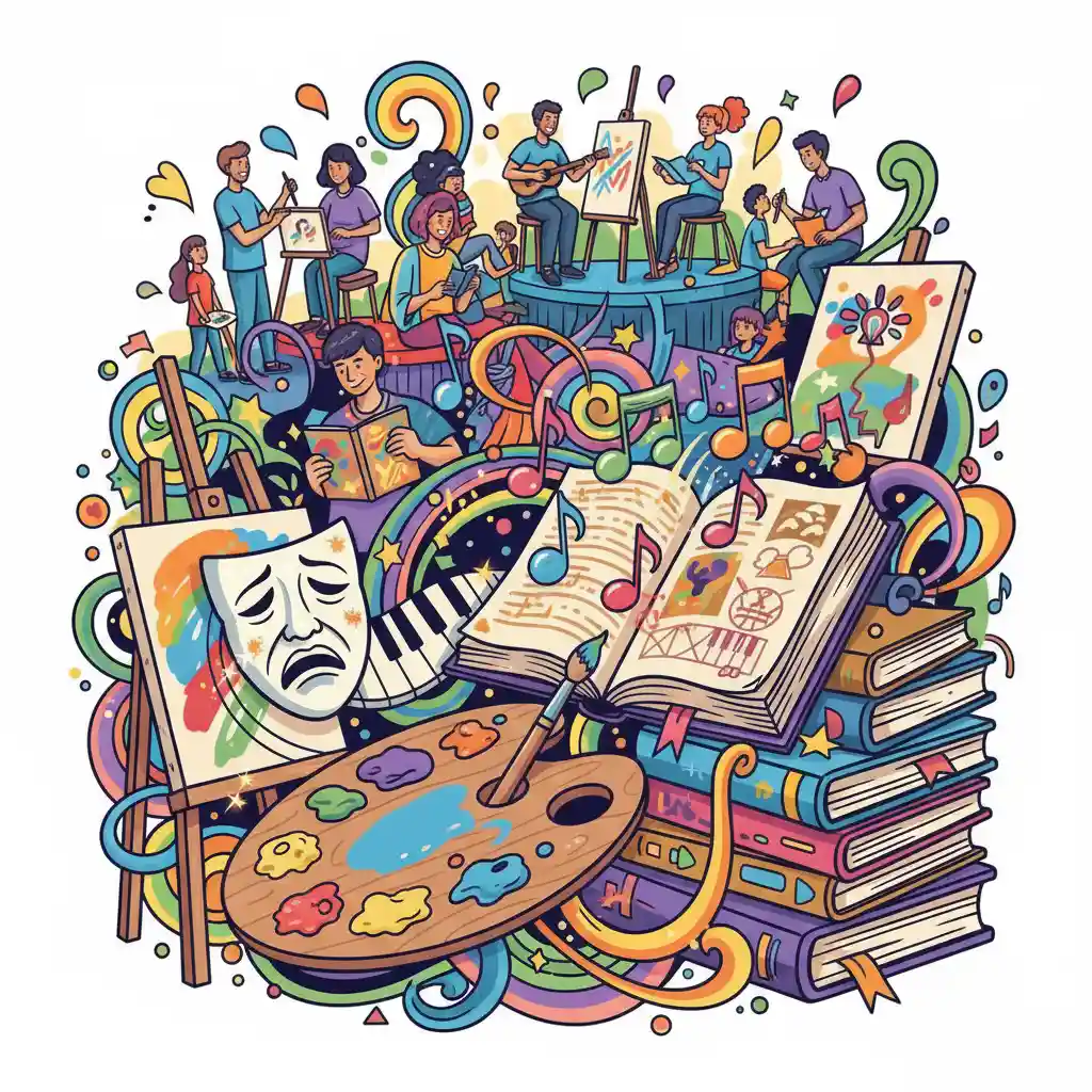 Scène colorée d'association culturelle avec palette de peinture, masque de théâtre, notes de musique et livre ouvert par Reims Digital