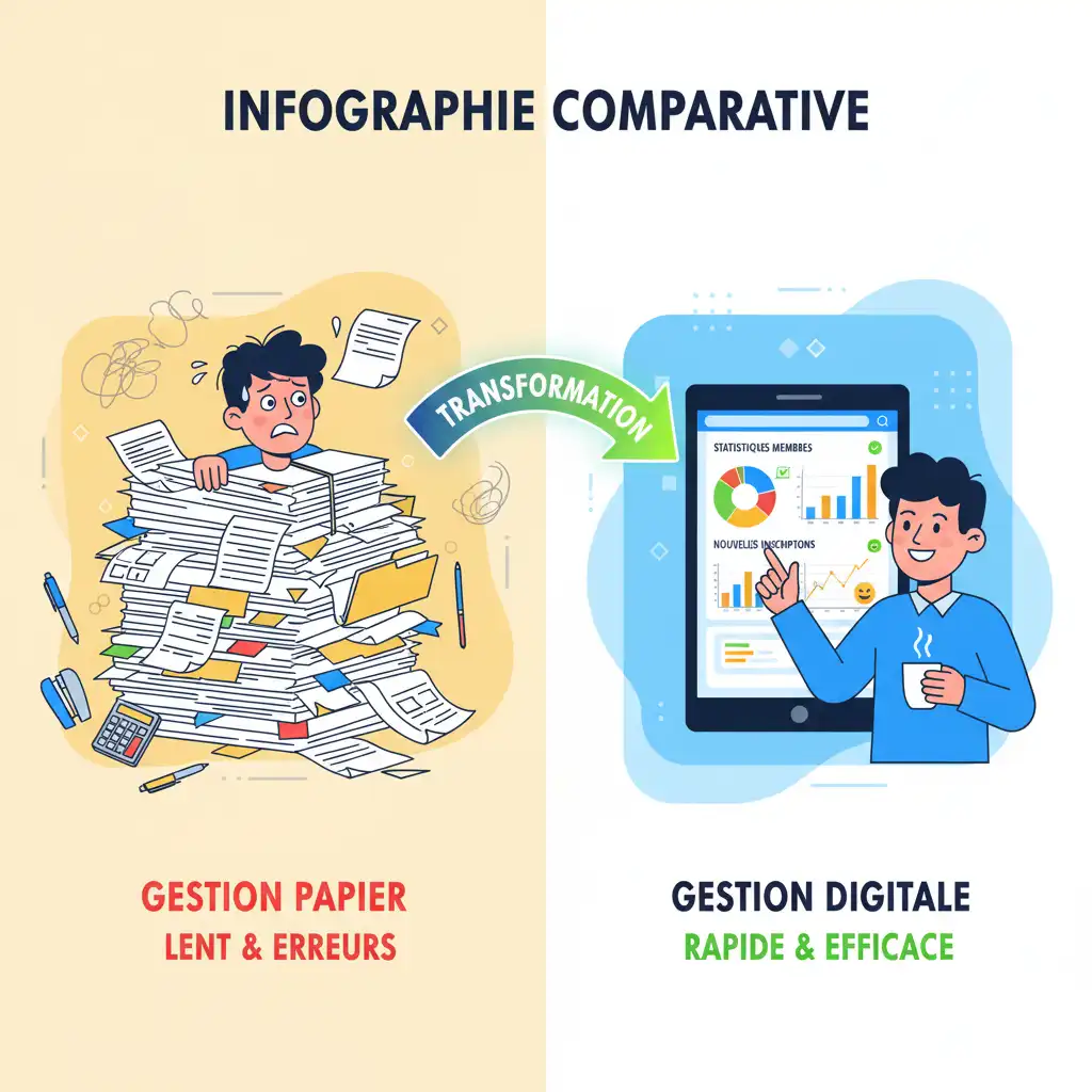 Comparaison entre gestion papier désordonnée et gestion digitale moderne des adhésions avec statistiques et interface lumineuse par Reims Digital
