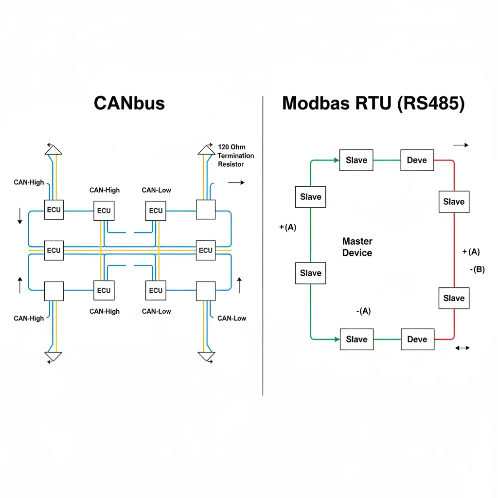 Schéma comparatif protocoles CANbus et Modbus pour domotique industrielle