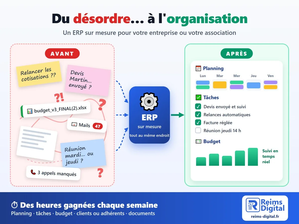 Avant : post-it, fichier Excel en plusieurs versions, mails et appels manqués ; après : un ERP sur mesure avec planning, tâches et budget suivis en temps réel