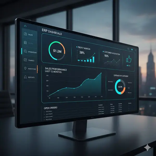Interface moderne d'un tableau de bord ERP avec graphiques et KPI par Reims Digital