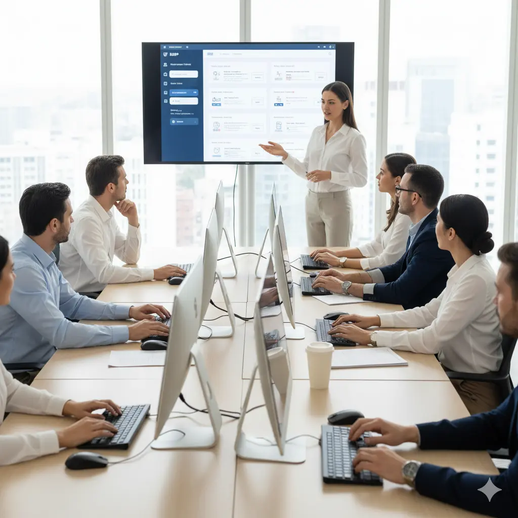 Session de formation ERP avec formateur et utilisateurs sur ordinateurs