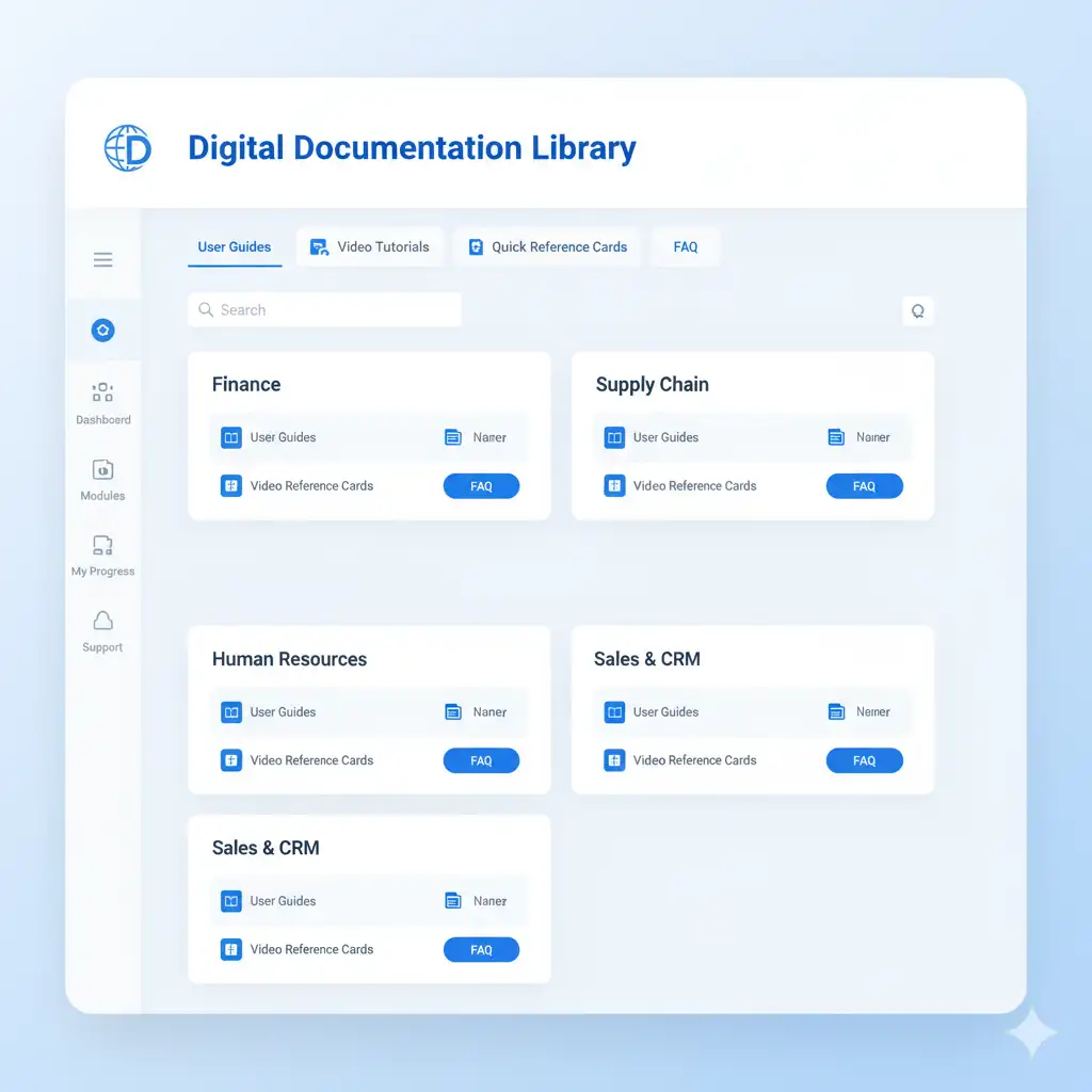 Bibliothèque de documentation ERP avec guides et vidéos