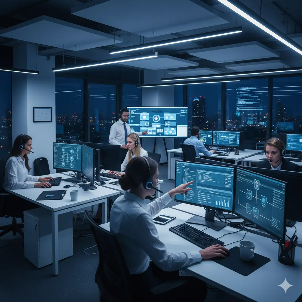 Équipe support technique ERP répondant aux questions clients