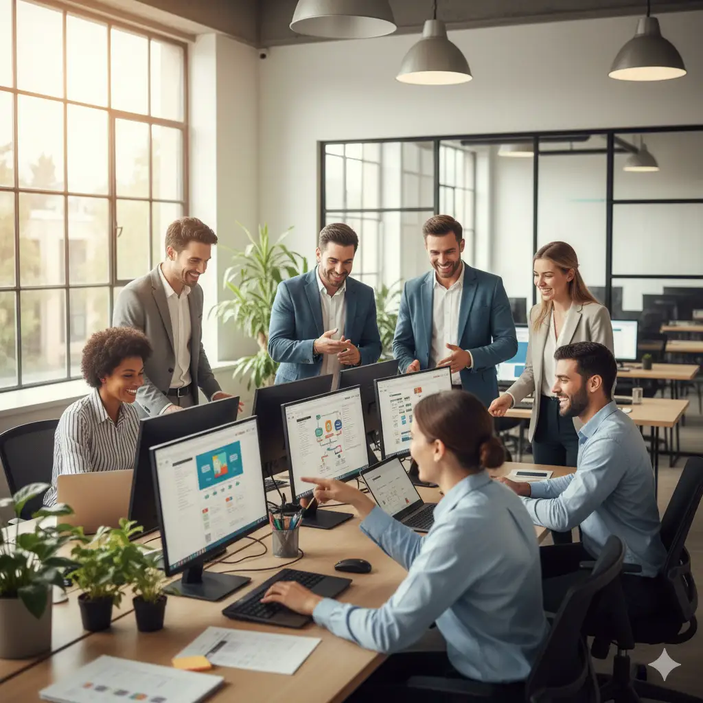 Utilisateurs satisfaits travaillant avec le système ERP