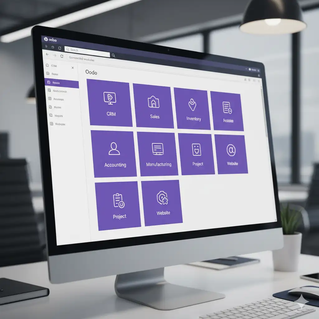 Interface Odoo montrant différents modules interconnectés par Reims Digital