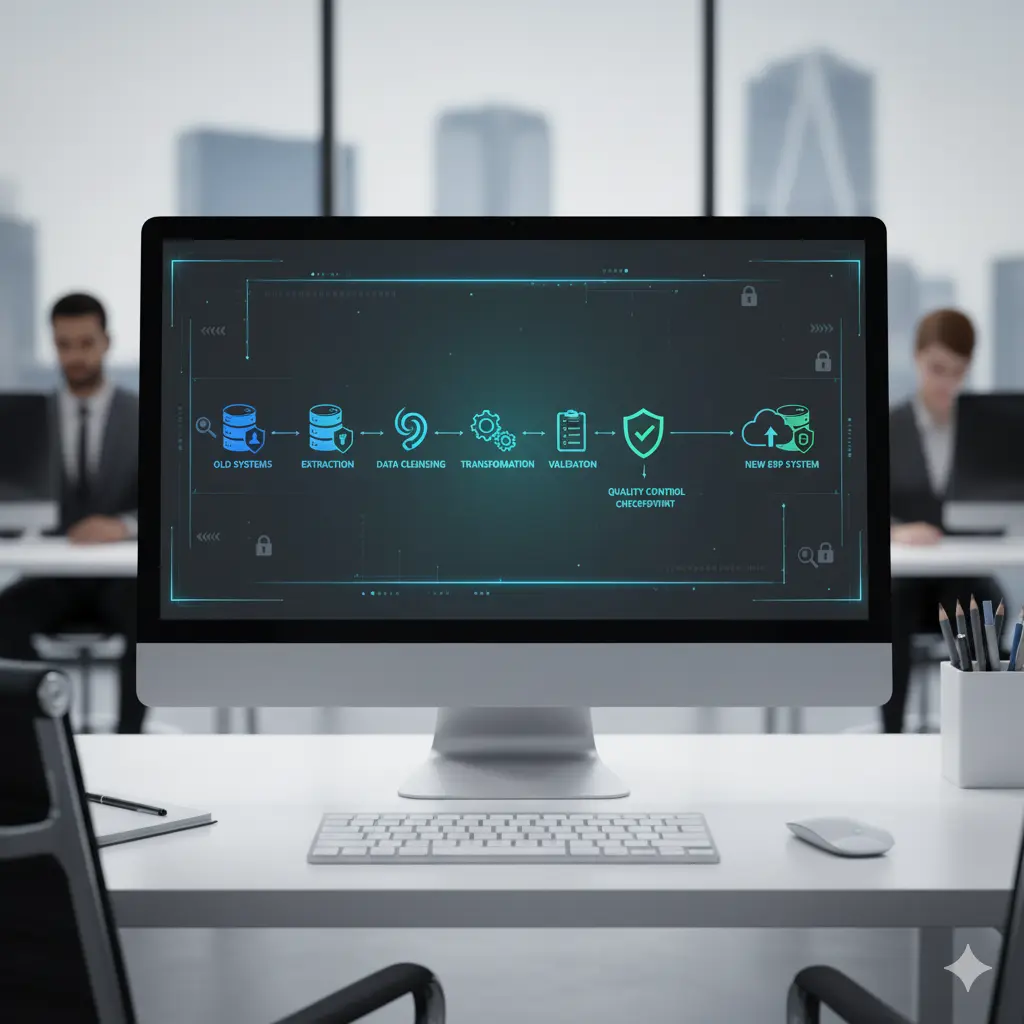 Processus de migration de données ERP avec validation et contrôles qualité