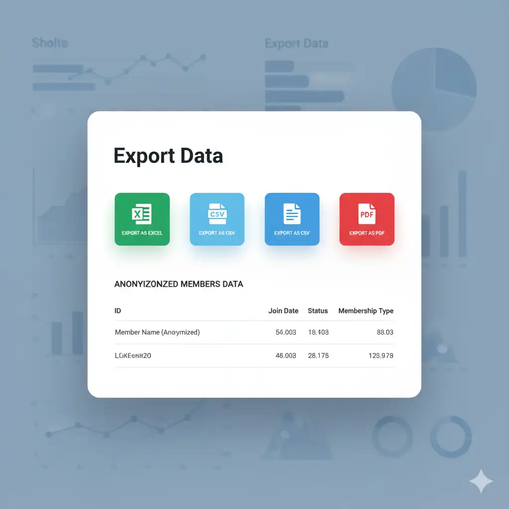Interface d'export de données membres avec formats Excel, CSV, PDF et graphiques de statistiques sur tableau de bord moderne par Reims Digital