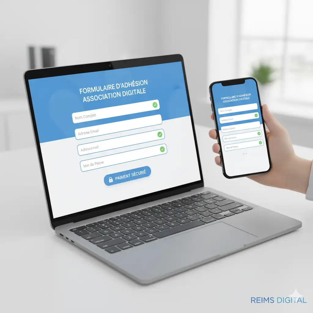 Interface moderne d'un formulaire d'adhésion en ligne pour association avec champs élégants et bouton de paiement sécurisé par Reims Digital