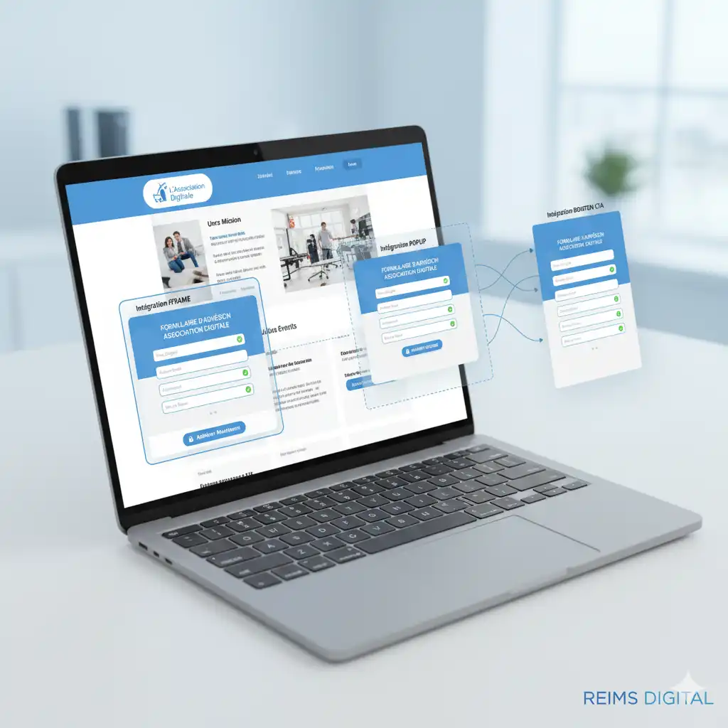 Site web d'association avec formulaire d'adhésion intégré via iframe, popup et bouton CTA avec design harmonieux par Reims Digital