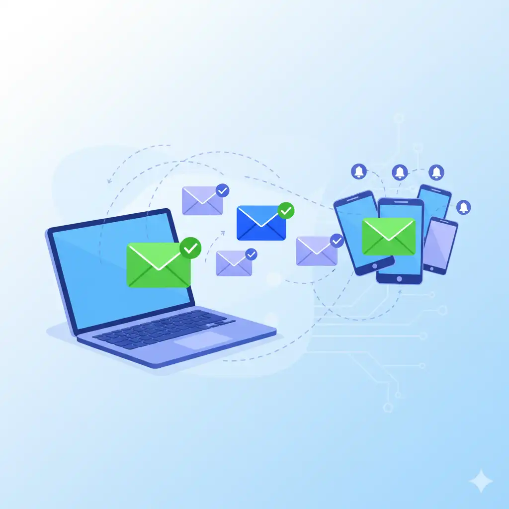 Emails automatiques colorés s'envolant d'un ordinateur vers smartphones avec icônes de validation et notifications push par Reims Digital