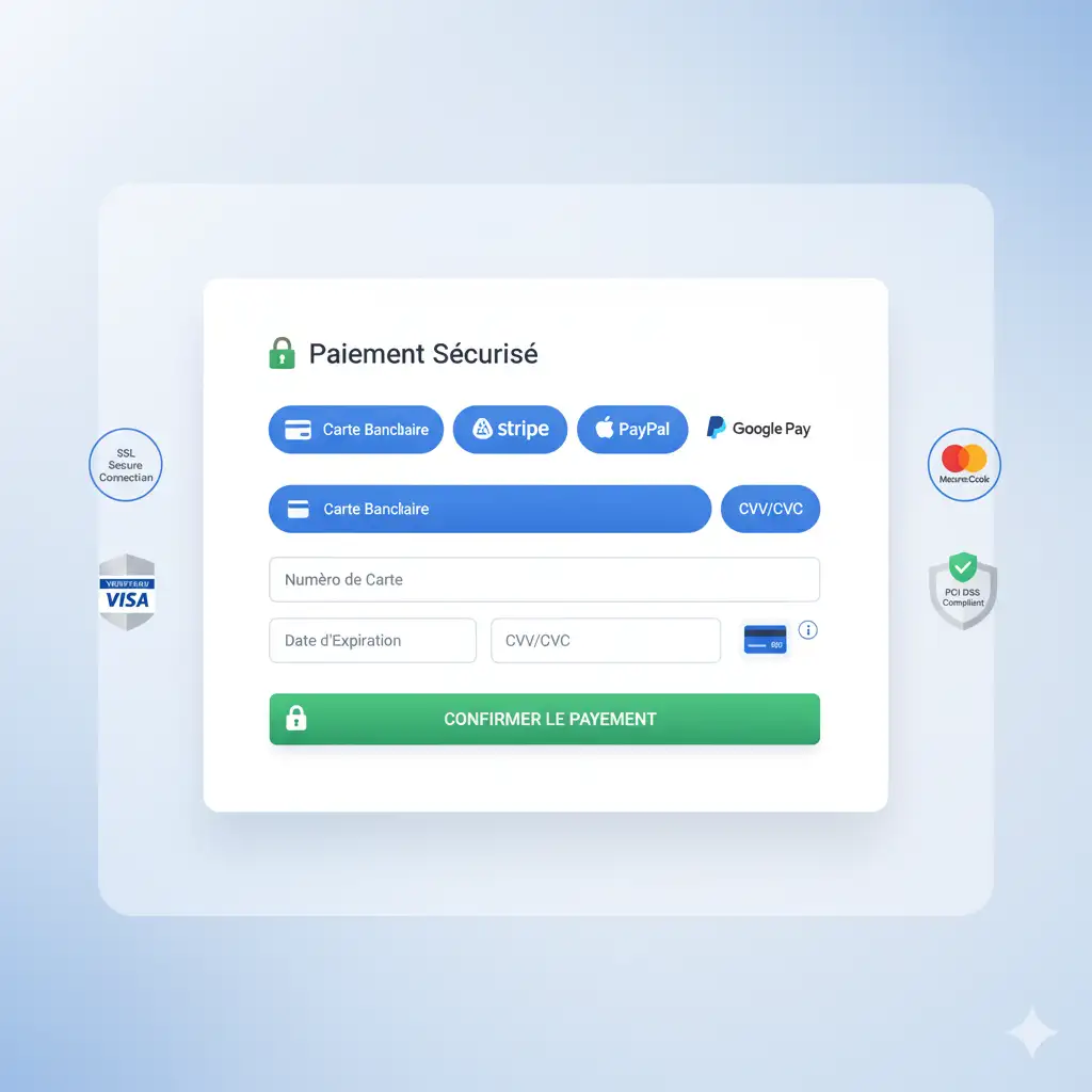 Interface de paiement en ligne sécurisé avec options Stripe, PayPal, Apple Pay, Google Pay et badges de confiance SSL par Reims Digital