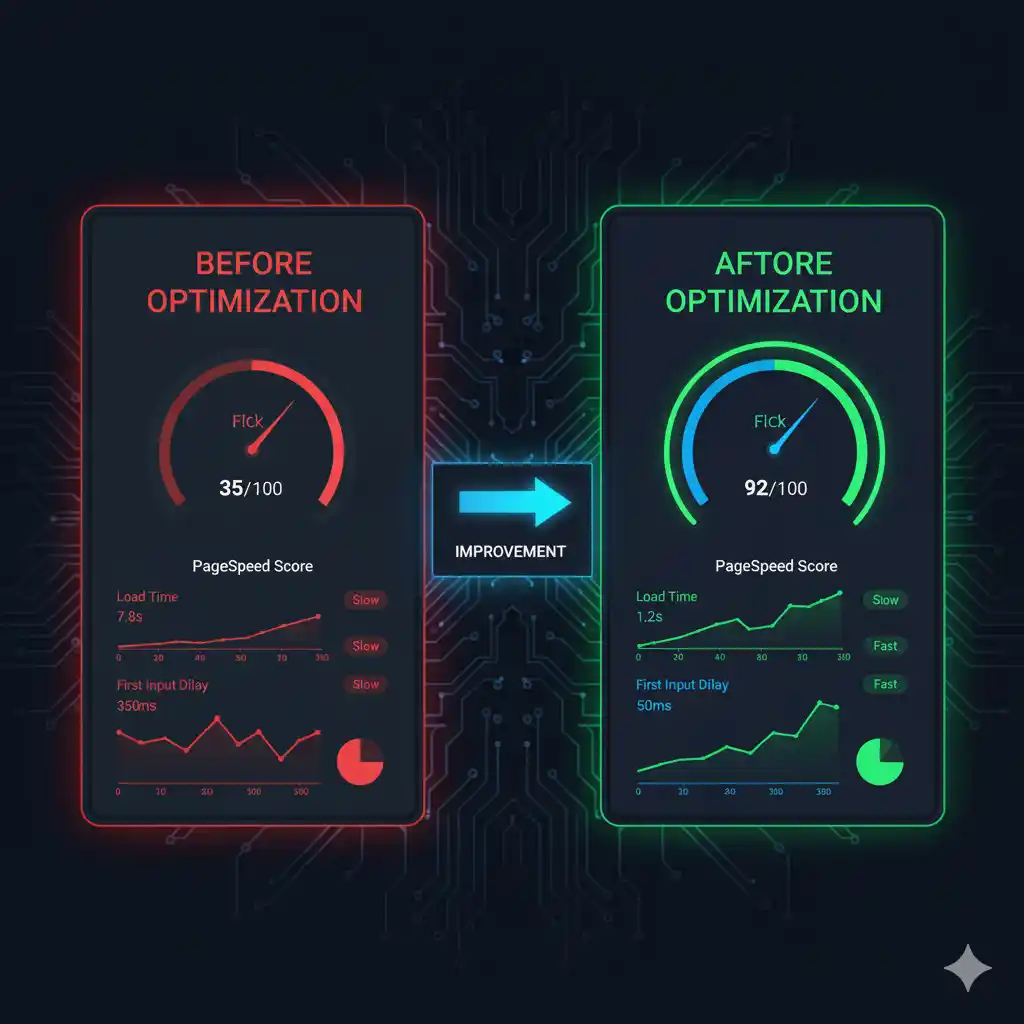 Comparatif avant après optimisation performance web score PageSpeed par Reims Digital