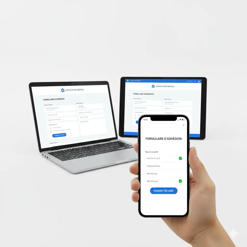 Formulaire d'adhésion adapté sur smartphone, tablette et ordinateur portable avec design cohérent sur tous les écrans par Reims Digital