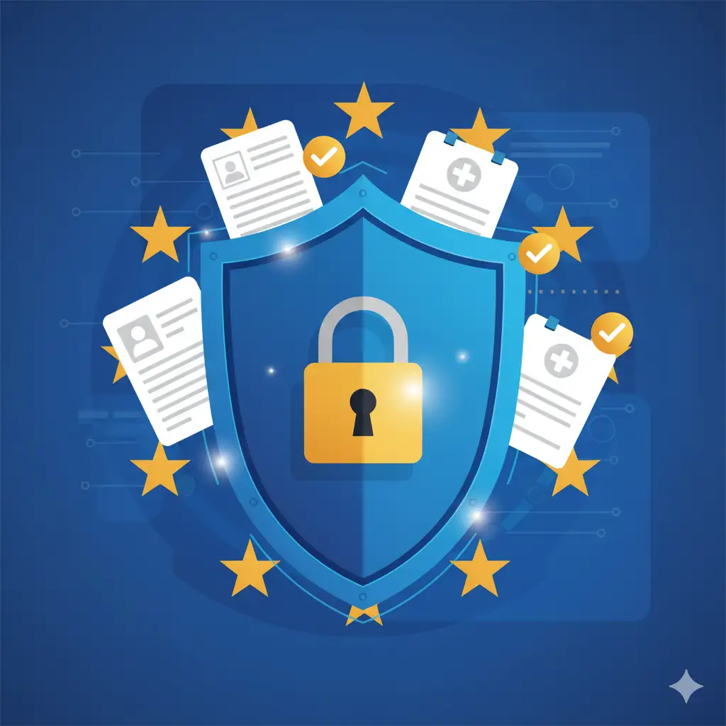 Bouclier numérique protégeant les données personnelles avec cadenas doré et symboles de conformité RGPD européenne par Reims Digital