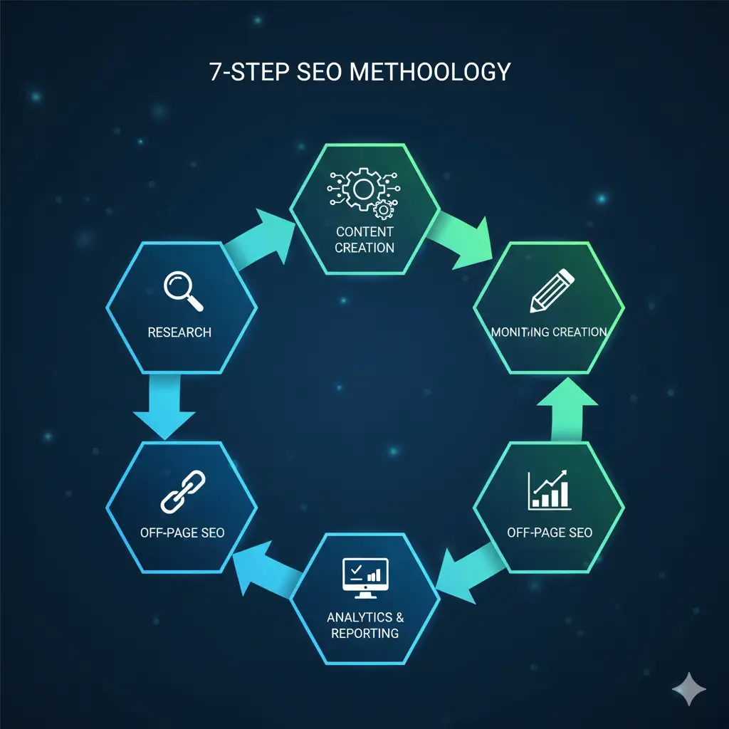 Méthodologie SEO LLM en 7 étapes - Process workflow par Reims Digital