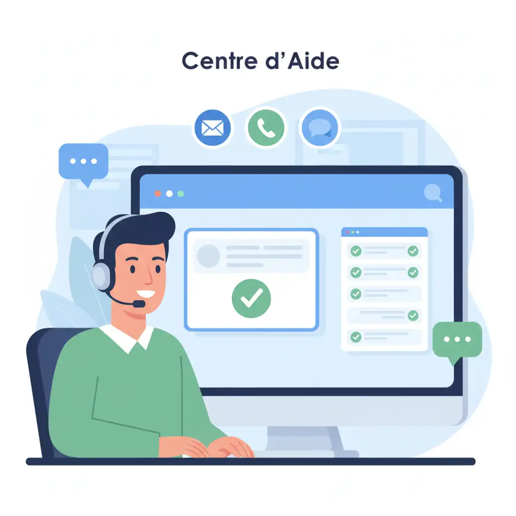 Conseiller support technique bienveillant avec casque micro devant interface d'aide avec icônes email, téléphone et chat par Reims Digital