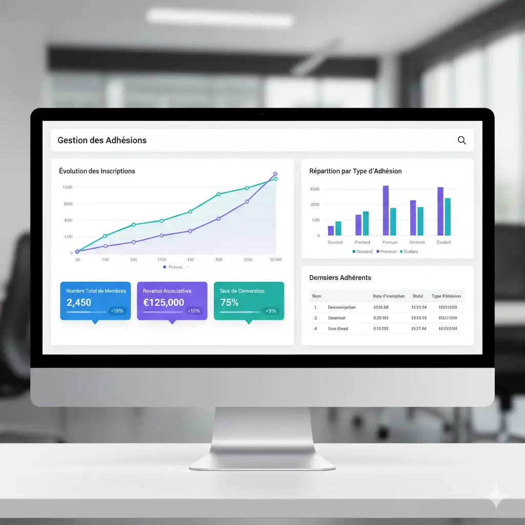 Dashboard moderne de gestion d'adhésions avec graphiques colorés, KPIs, statistiques en temps réel et liste des membres par Reims Digital